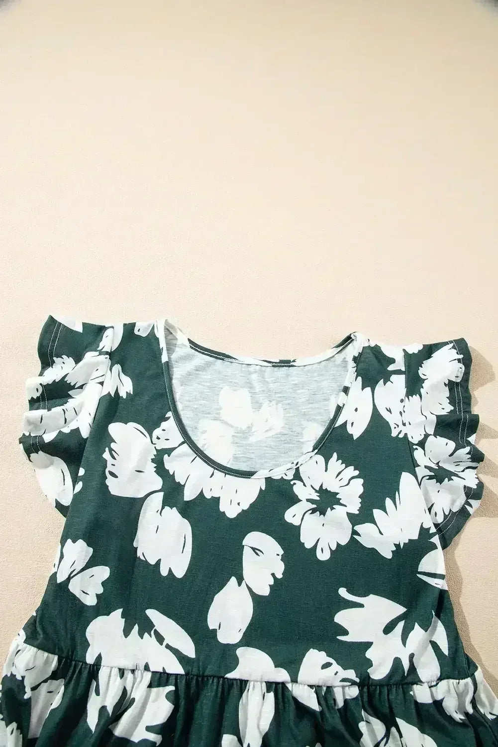 Dark Green Floral Print Ruffle Sleeve Empire Waist Mini Dress