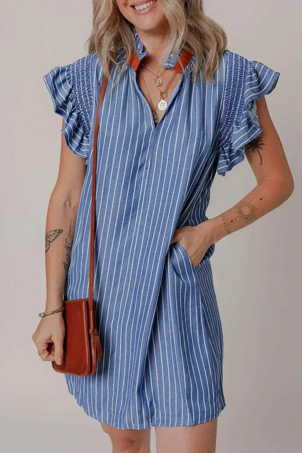 Sky Blue Stripe Frilly Split Neck Shirred Ruffle Sleeve Mini Shift Dress