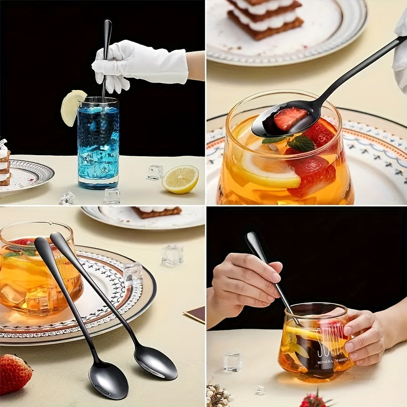 Set of 6 Black Stainless Steel Long Iced Tea Spoons