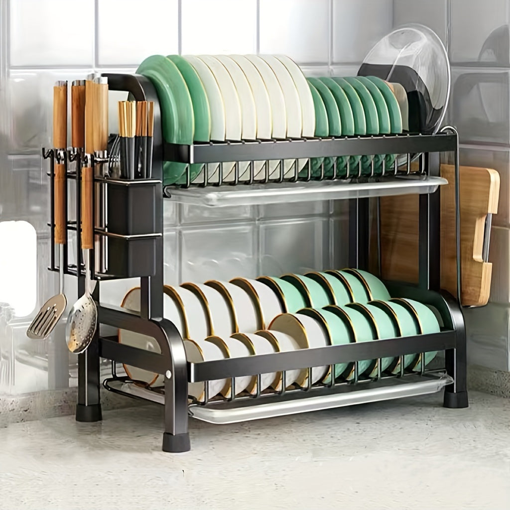 Black Metal Double Tier Dish Rack with Drain Tray and Drip Pan | Kitchen + Metal