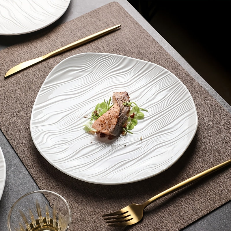 Elegant White Ribbed Ceramic Plate for Dining