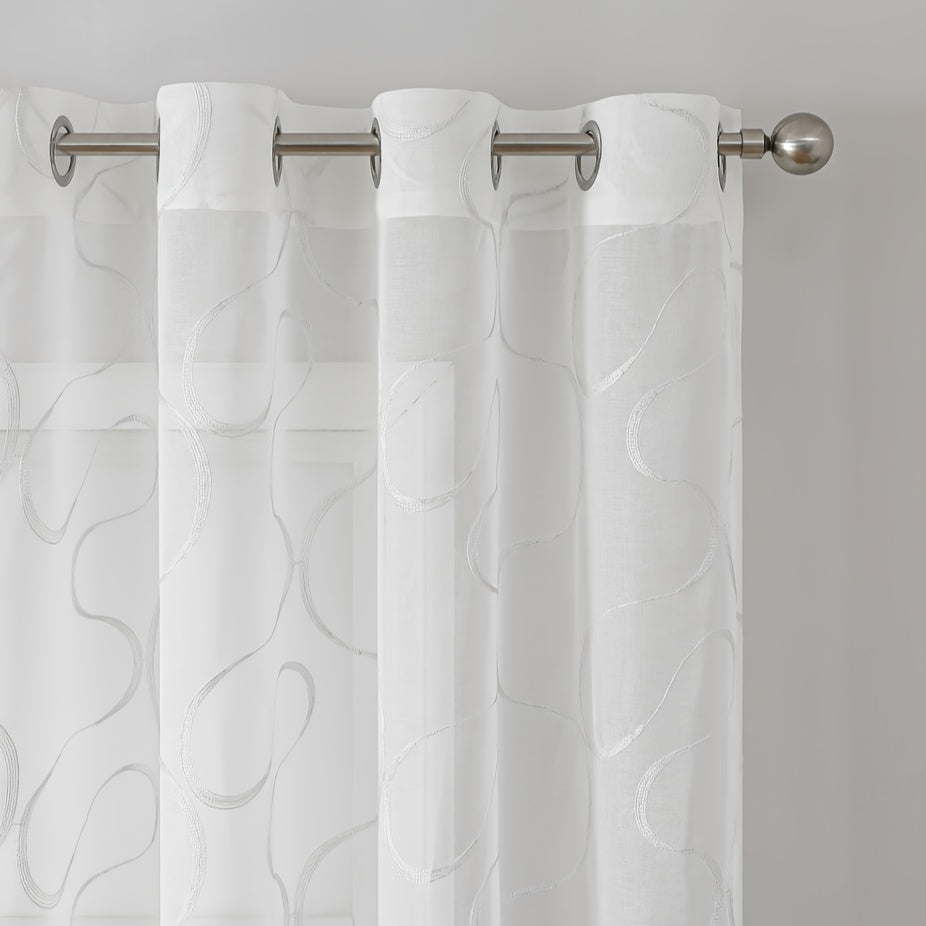 Elegant White Sheer Curtains with Embroidered Trellis Design