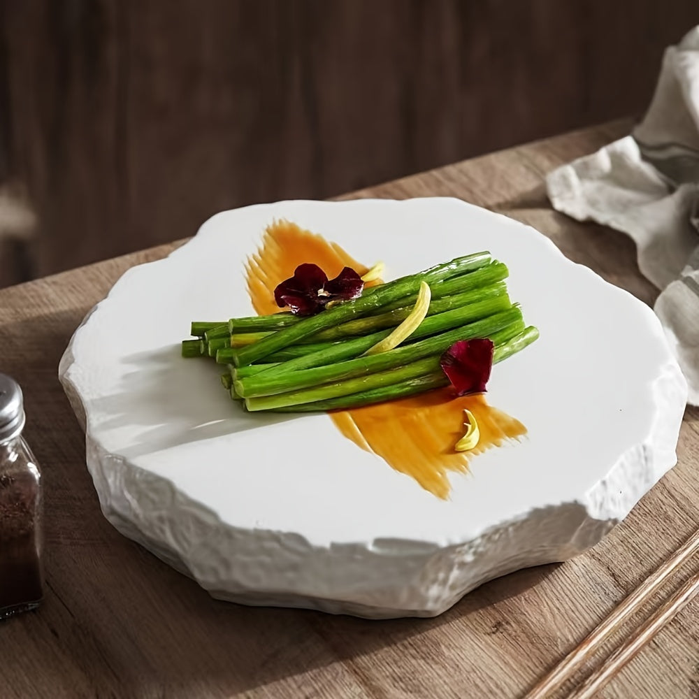 White Ceramic Dinner Plate with Unique Stone Pattern