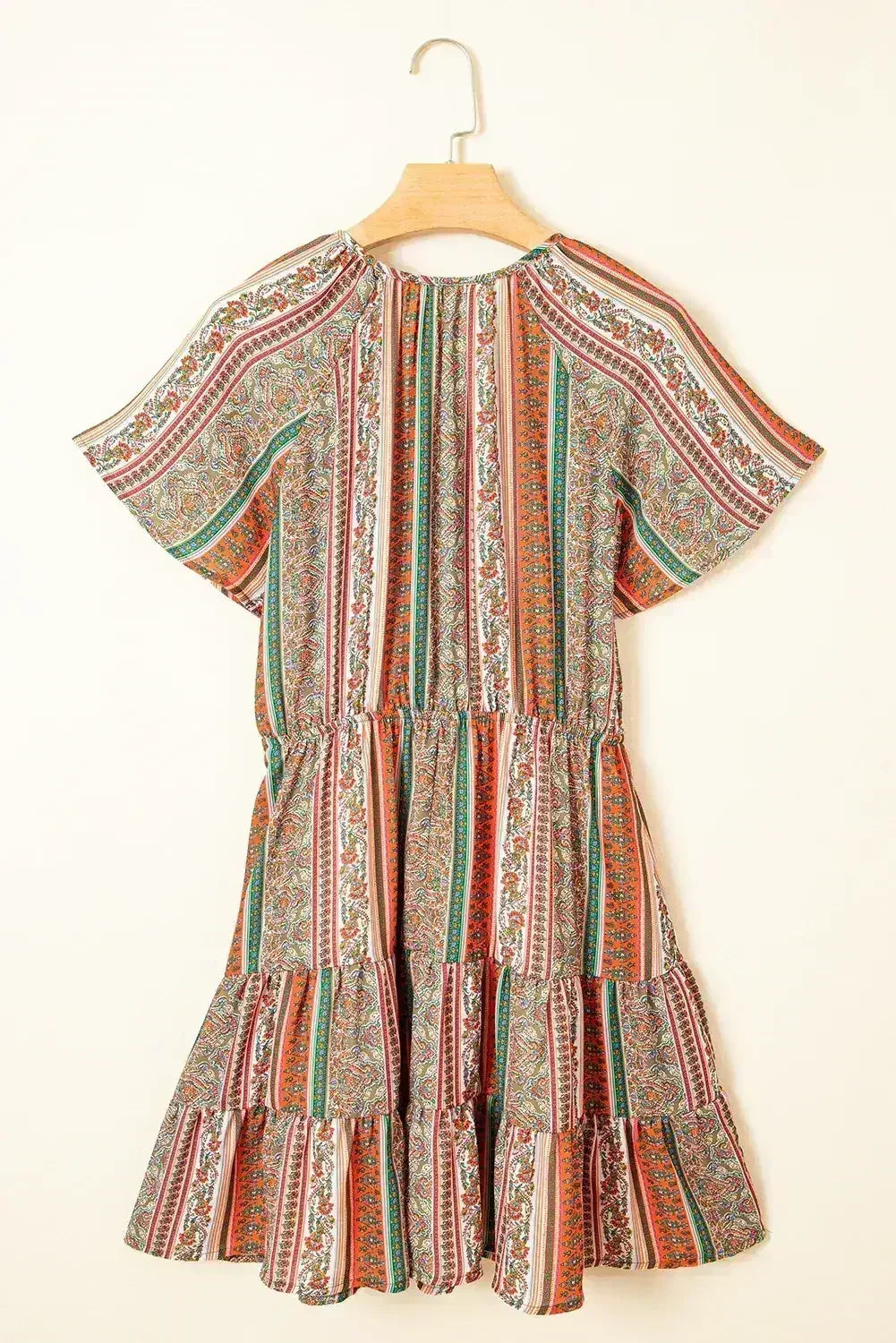 Red Bohemian Floral Print Buttoned V Neck Ruffle Tiered Dress