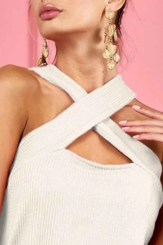 BiBi Lace Knit Women's Top with Cut Out Cross Neck and Banded Design