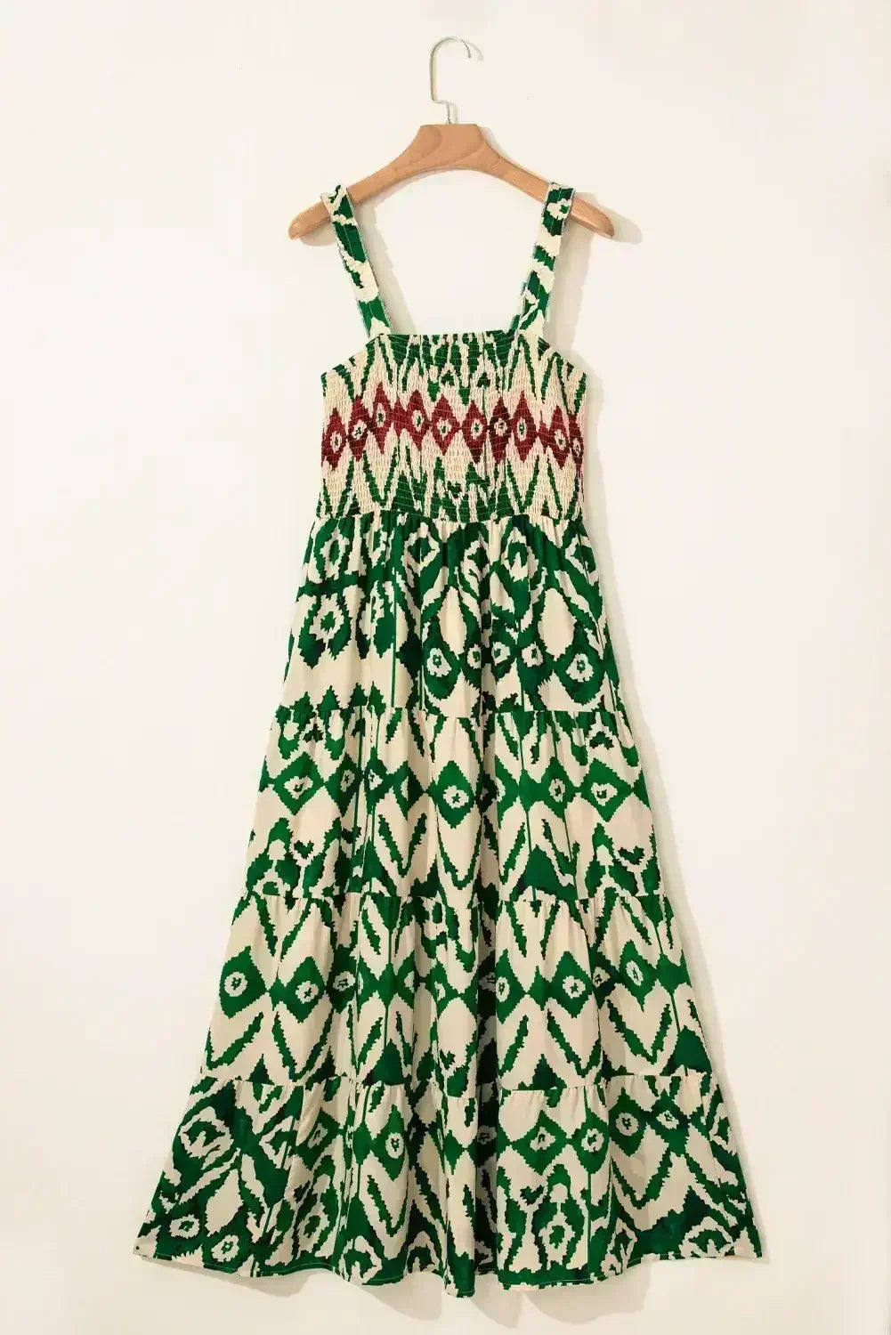 Green Boho Shirred A line Sleeveless Maxi Dress