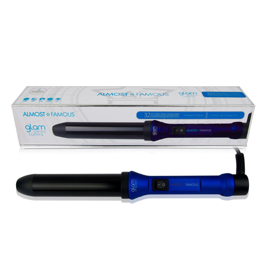 Blue hair curling iron with 'Almost Famous' packaging on a white background