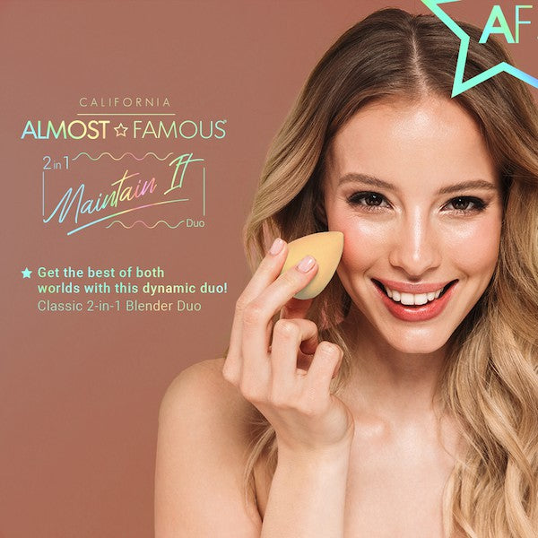 Woman holding a beauty blender with promotional text for 'California Almost Famous' on a brown background