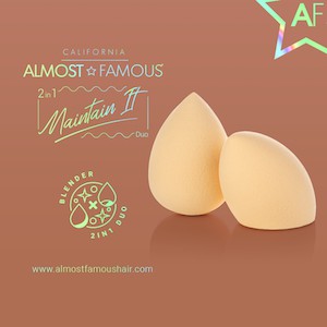 Two beige makeup sponges on a brown background with 'Almost Famous' branding.