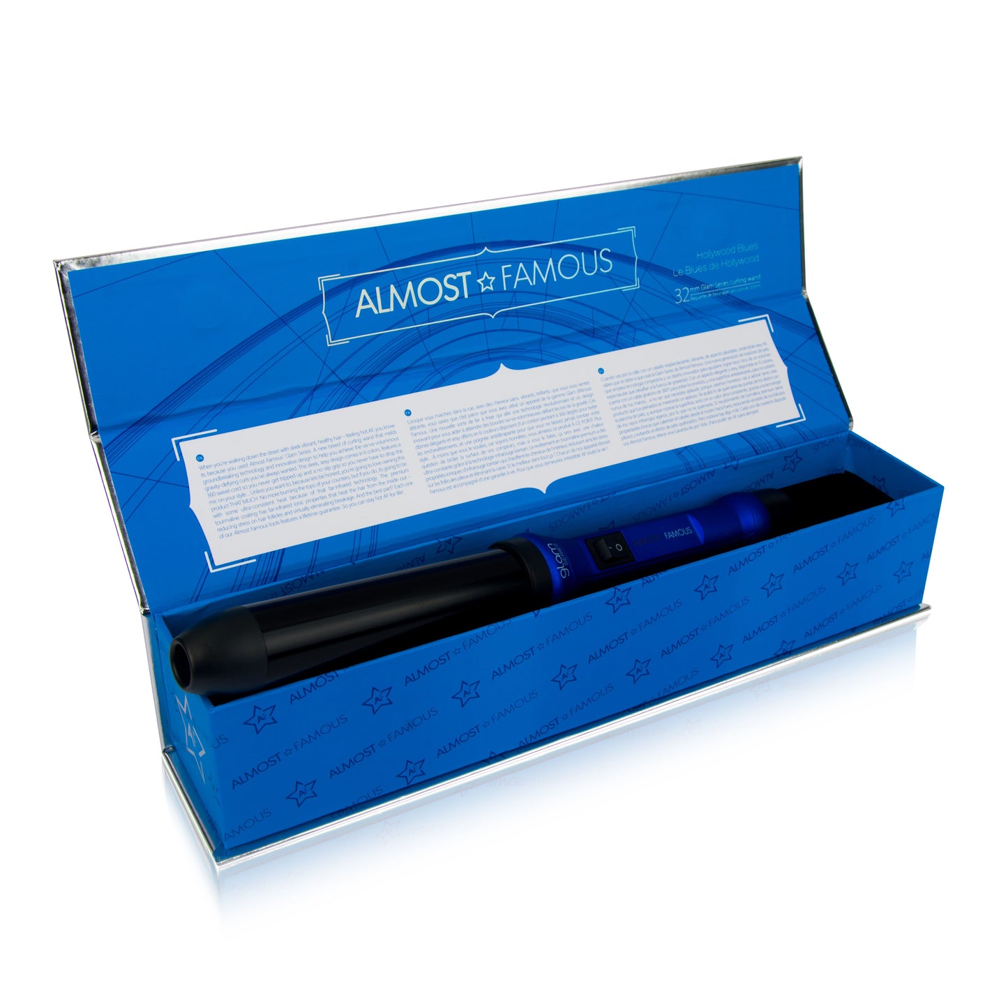Blue box with a black object inside, branded 'Almost Famous'.