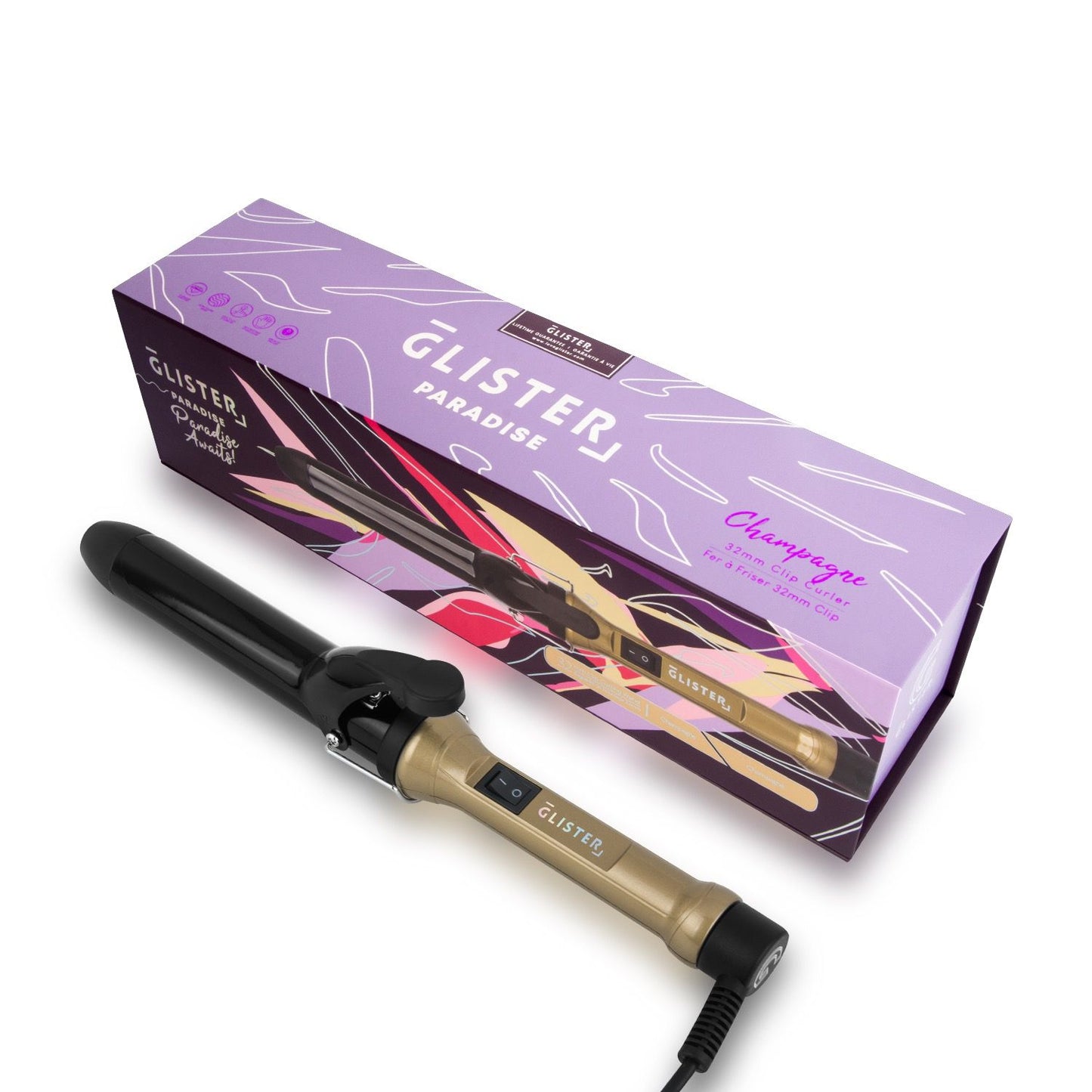 Beige hair straightener with purple packaging featuring 'Glistern' branding on a white background.