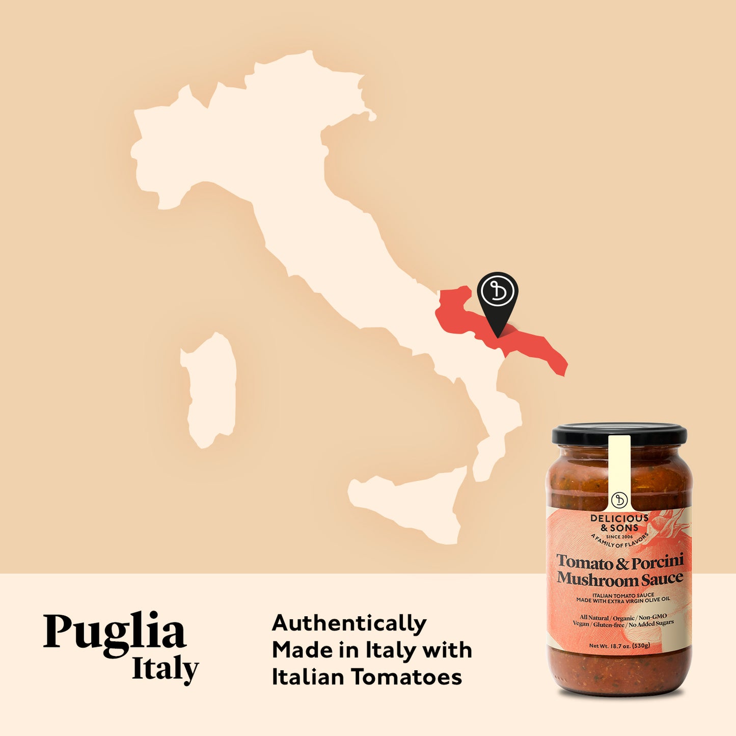 Delicious & Sons Organic Tomato & Porcini Mushroom Pasta Sauce 3 Pack | Kitchen + Metal