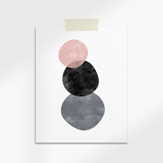 Abstract art print with pink, black, and gray circles on a white background