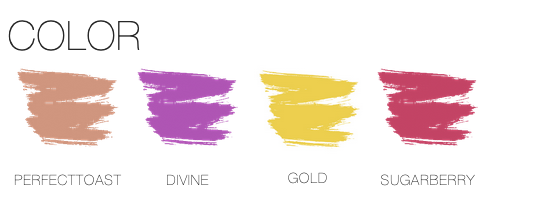 Color swatches labeled 'Perfecttoast', 'Divine', 'Gold', and 'Sugarberry' on a white background.