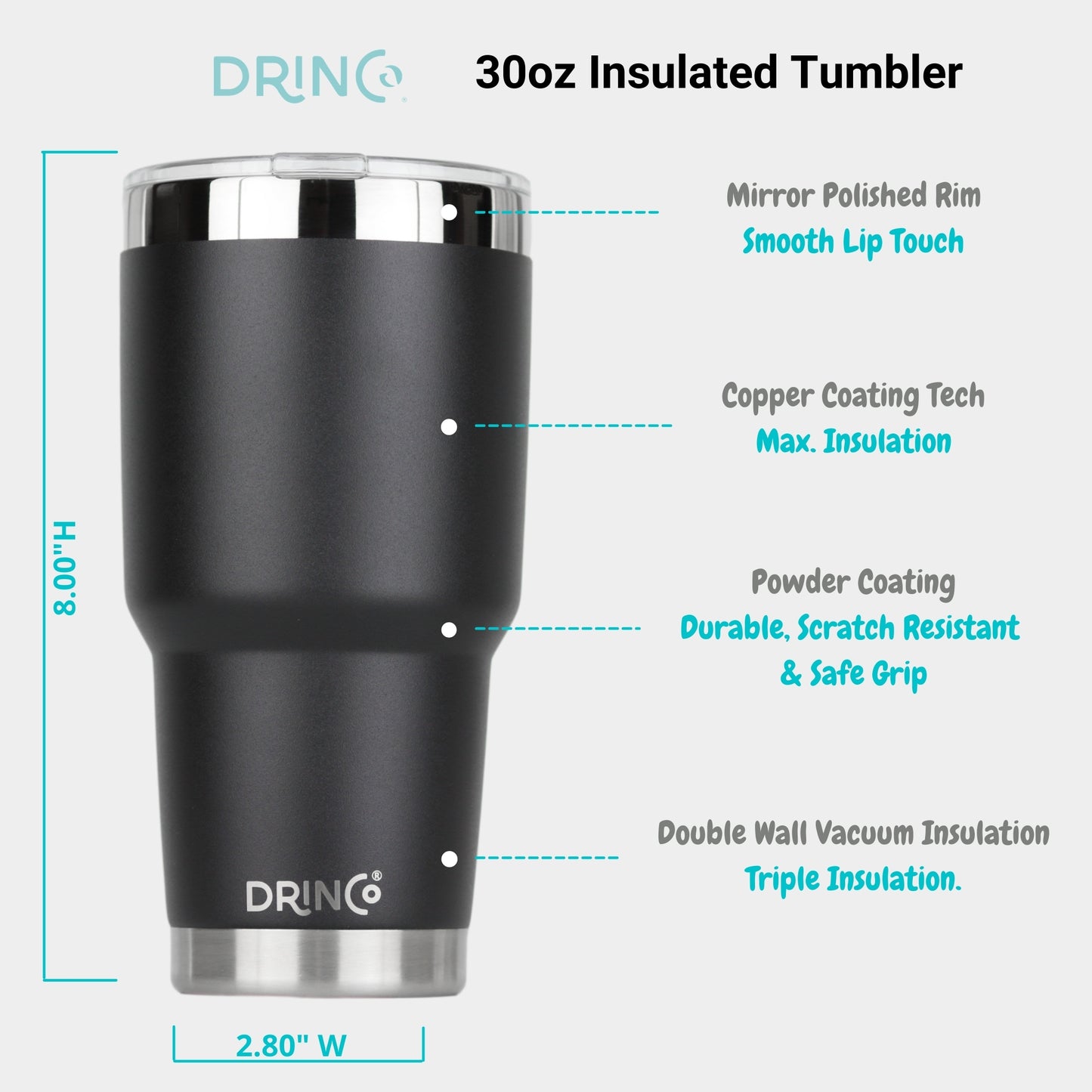 DRINCO® 30oz Insulated Tumbler Spill Proof Lid w/2 Straws (Black) | Coffee Mug | Kitchen + Metal |