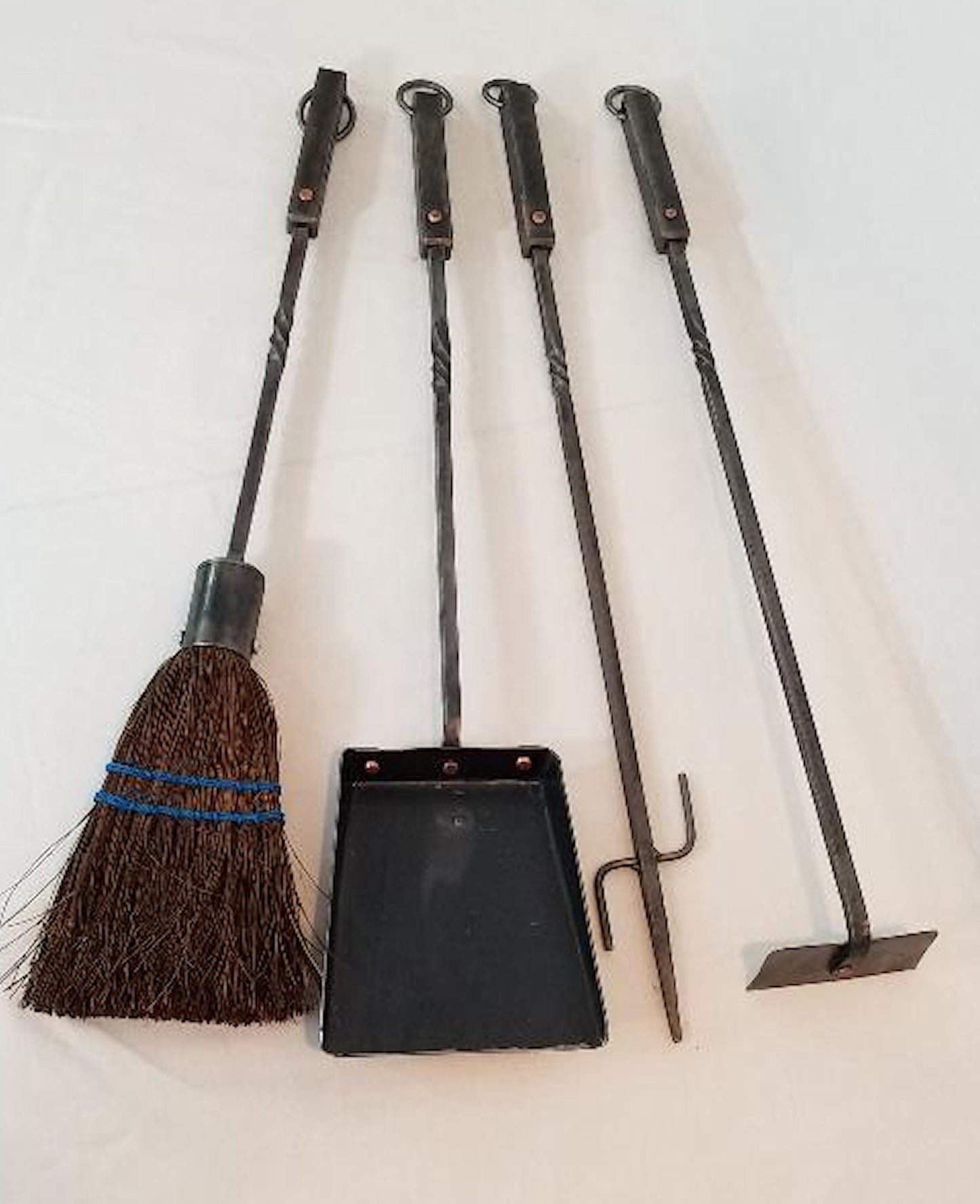 Fireplace tool set, forged iron 5 piece with square handles