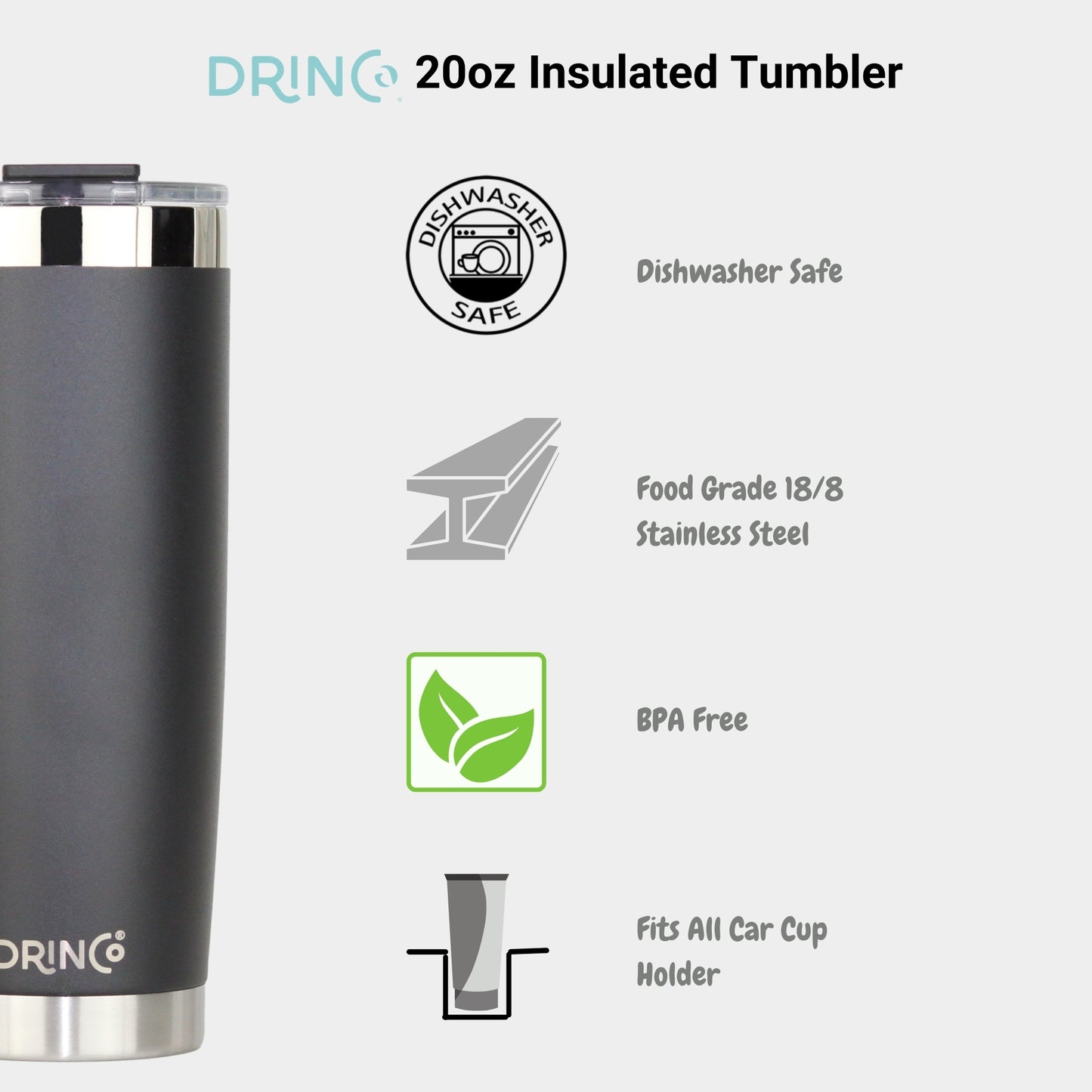 DRINCO® 20oz Insulated Tumbler w/Spill Proof Lid, 2 Straws (Black) | Coffee Mug | Kitchen + Metal |