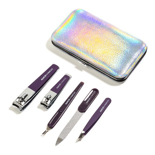 Nail care set with a colorful case on a white background