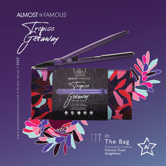 Hair straightener with packaging on a purple background featuring floral designs.