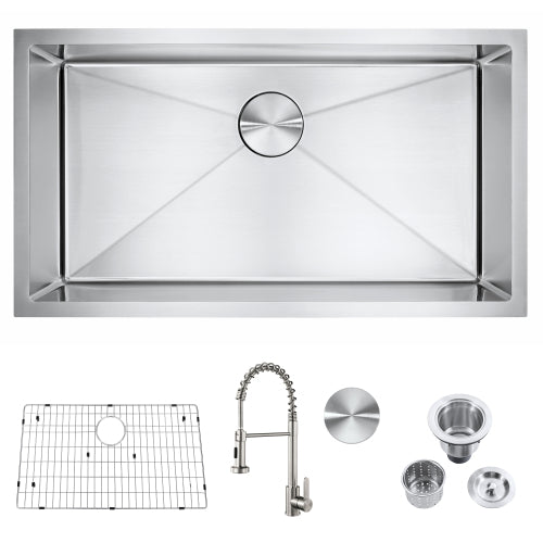 A stainless steel single bowl undermount kitchen sink with a faucet, including a bottom rinse grid and various other accessories.