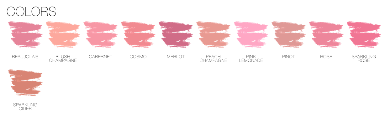 Color swatches of pink lipsticks with names on a white background