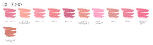 Color swatches of pink lipsticks with names on a white background