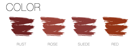 Color swatches labeled 'Rust', 'Rose', 'Suede', and 'Red' on a white background.