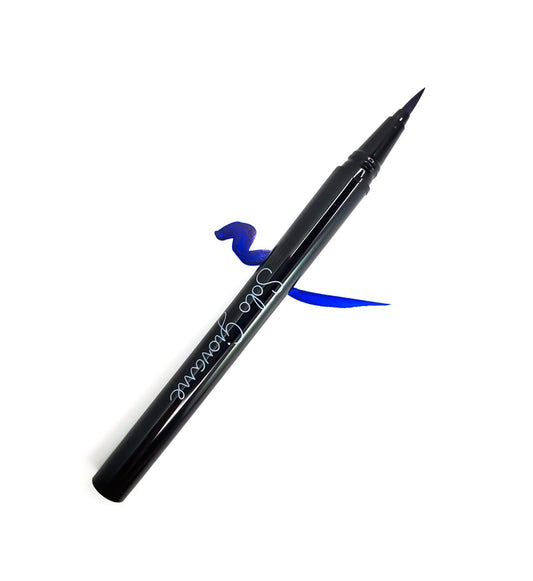 Black eyeliner pen with blue ink on a white background