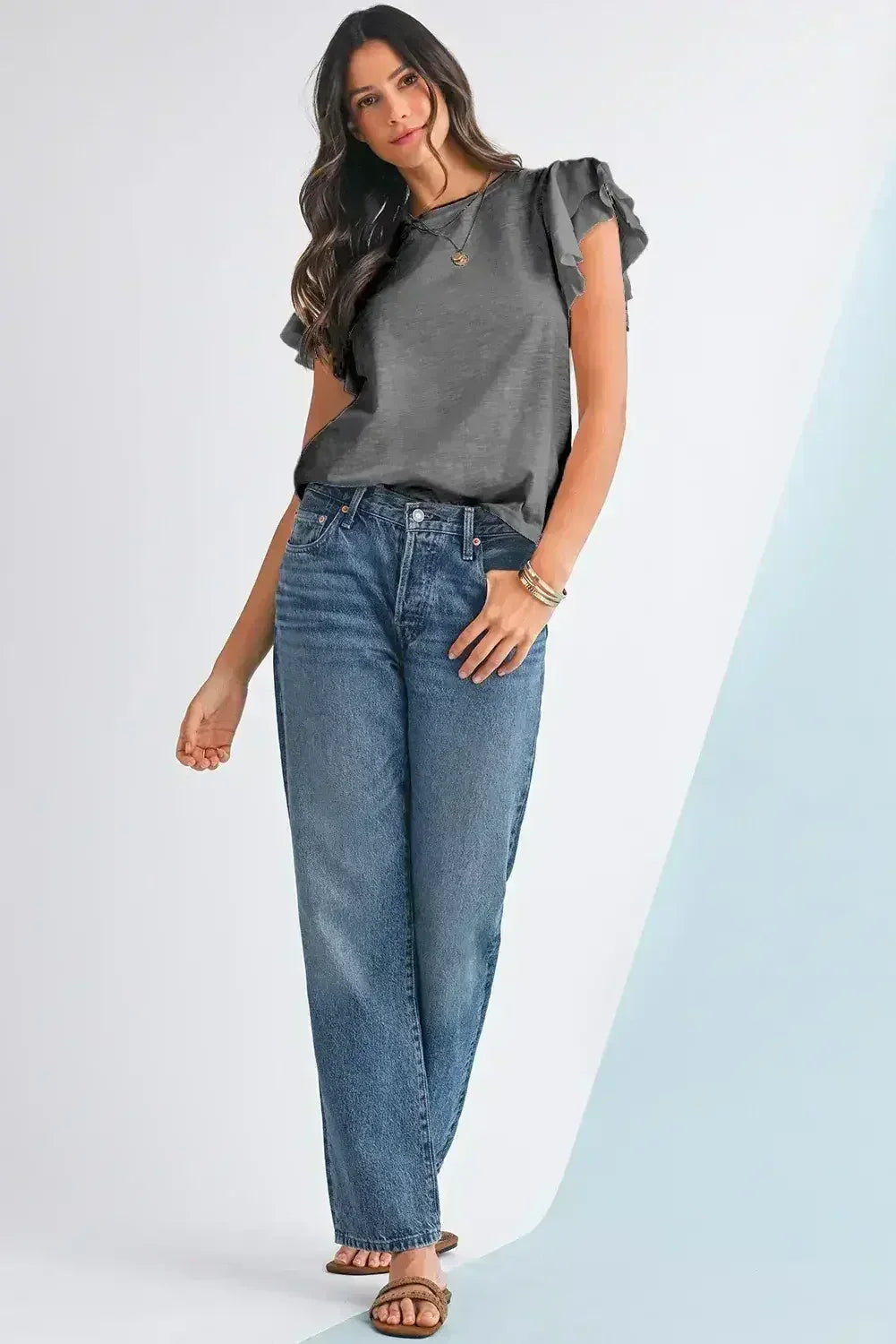 Dark Grey Ruffle Sleeve Plain Blouse | Femstylo