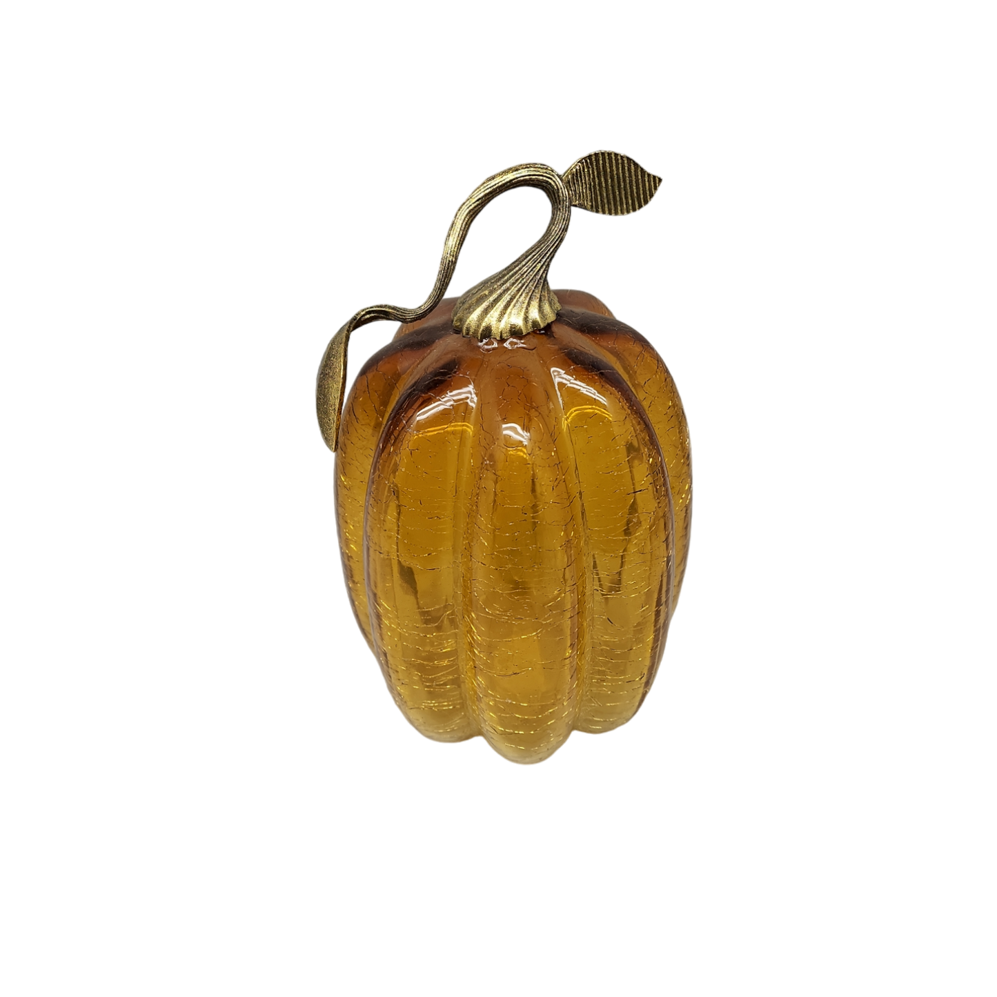 Handblown Glass Amber Pumpkin with Metal Stem - 9 Inch