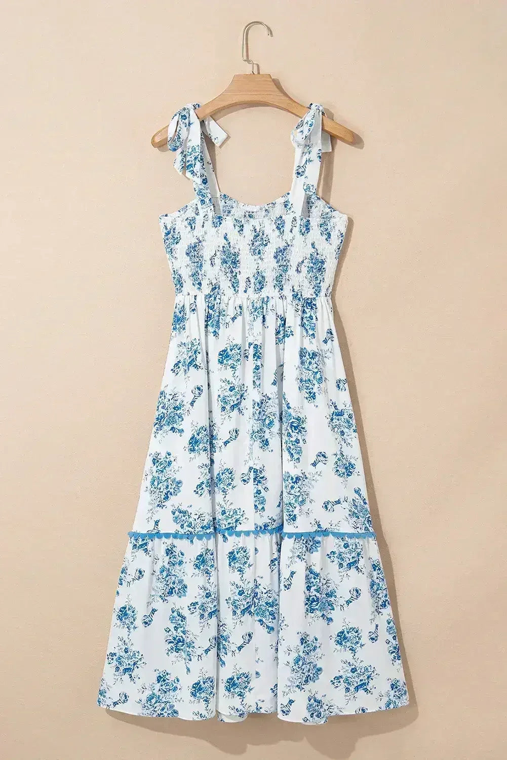 Sky Blue Floral Print Smocked Knot Shoulder Sleeveless Midi Dress