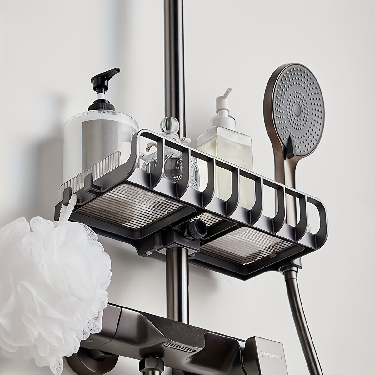 NoDrill Adjustable Shower Caddy with Raised Guardrail