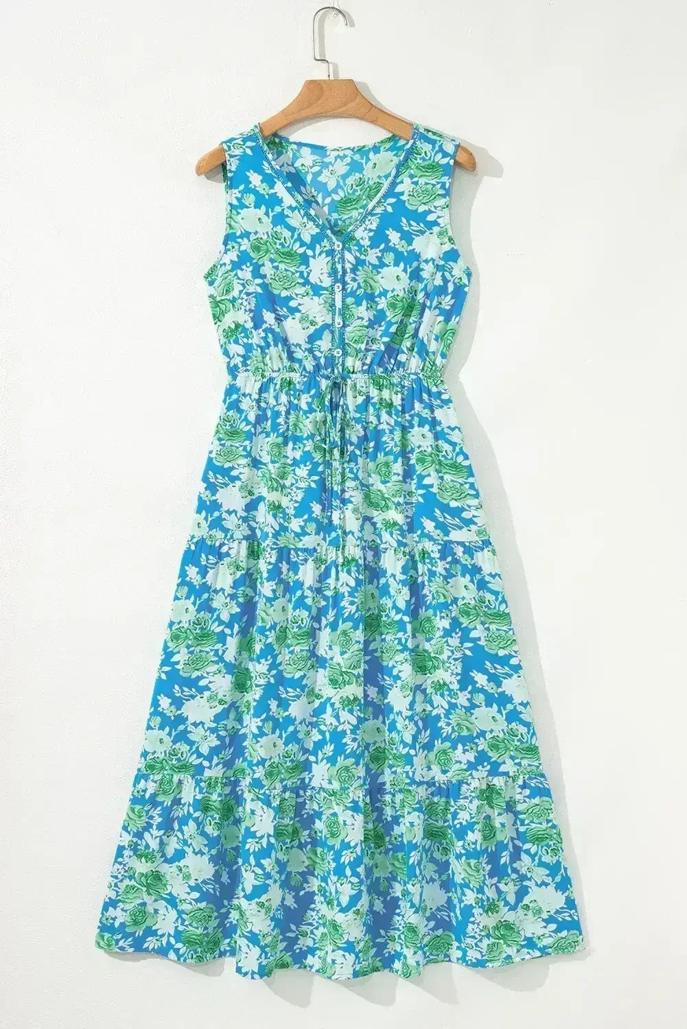 Green Floral Print Trimmed V Neck Sleeveless Vacation Dress