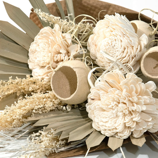 Sola Flower and Natural Palm Bouquet Neutral Coastal Dried Floral Arrangement