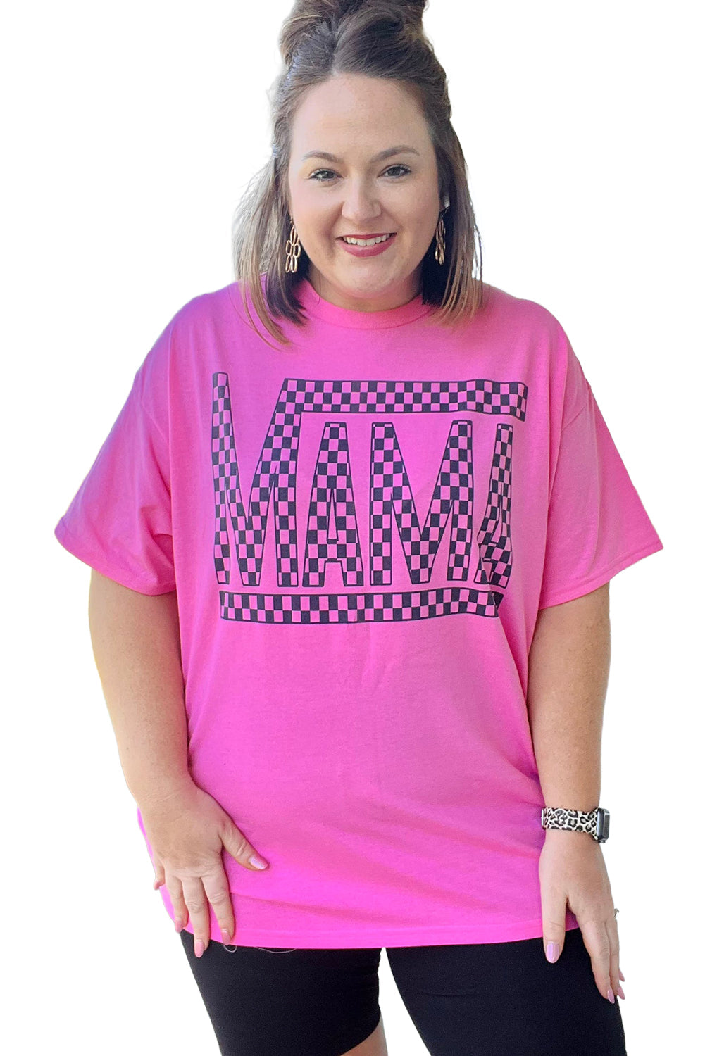 Bright Pink Checkered MAMA Letter Print Plus Size T Shirt
