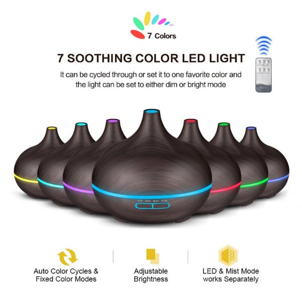 Wood Grain Aromacare Essential Oil Aroma LED Diffuser With Remote Control 550ml