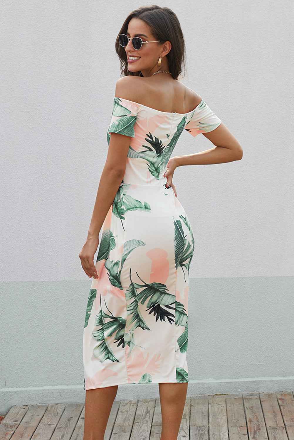 Printed Off-Shoulder Split Dress - Women's Dress
