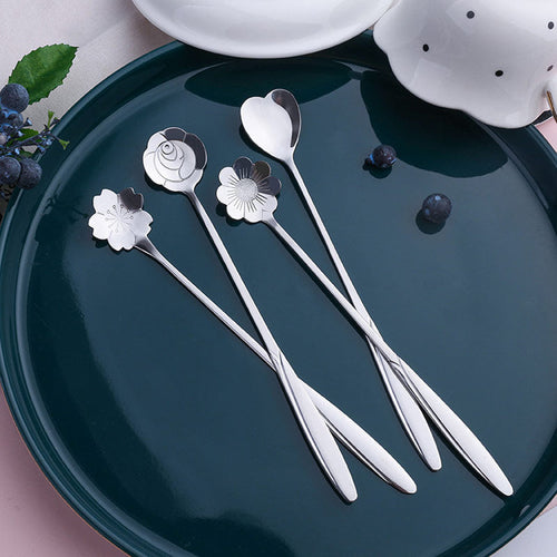 Set of 4 Cherry Blossom Stainless Steel Dessert Spoons