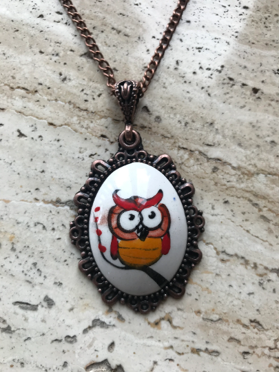 Animal Drawing - Cini Ceramic Necklace - Owl & Cats Theme Necklace