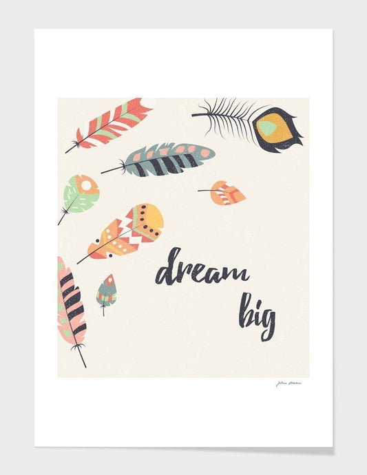 Poster with colorful feathers and 'dream big' text on a white background
