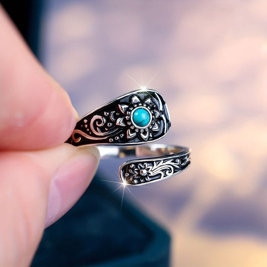 Sunflower Ring with Turquoise Inlay-Handmade Wedding Band, Boho Chic Jewelry Gift for Women