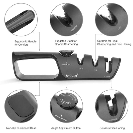 Knife Sharpener 3 Stage Kitchen Chef Knife and Scissor Sharpeners Restore Knives or Shears Blades Quickly Safely with Adjustable Angle Button for Various Household Knives Shear Gray