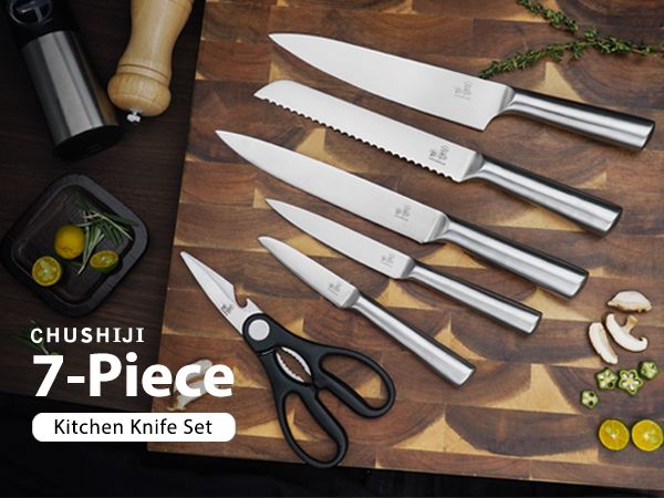 CHUSHIJI Knife Sets for Kitchen with Block and Sharpener 7-Pieces Premium Stainless Steel Kitchen Knife Sets with Block - Hard Wood Brown Knife Block Set