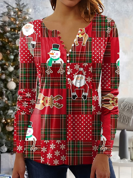 Plus Size Christmas Blouse, Women's Plus Colorblock Santa Claus & Snowman Print Long Sleeve Notched Neck Slight Stretch Henley Shirt