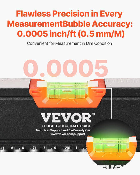 VEVOR 4-Piece Torpedo Level, 48/24/16/10 Inch Box Levels Set, Fluorescent Light Up Bubble Vials Ruler for 45/90/180 Degree, Aluminum Alloy Magnetic Leveler Tool, Shock-Proof