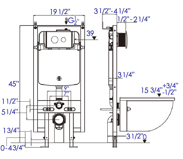 EAGO PWG380 Dual Flush Wall Mounted Toilet Tank Carrier for WD101, WD332, WD333