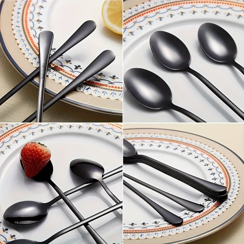 Set of 6 LongHandled Black Polished Stainless Steel Spoons
