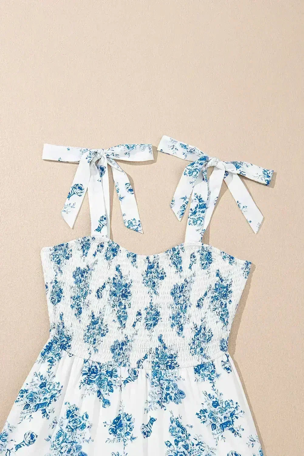 Sky Blue Floral Print Smocked Knot Shoulder Sleeveless Midi Dress