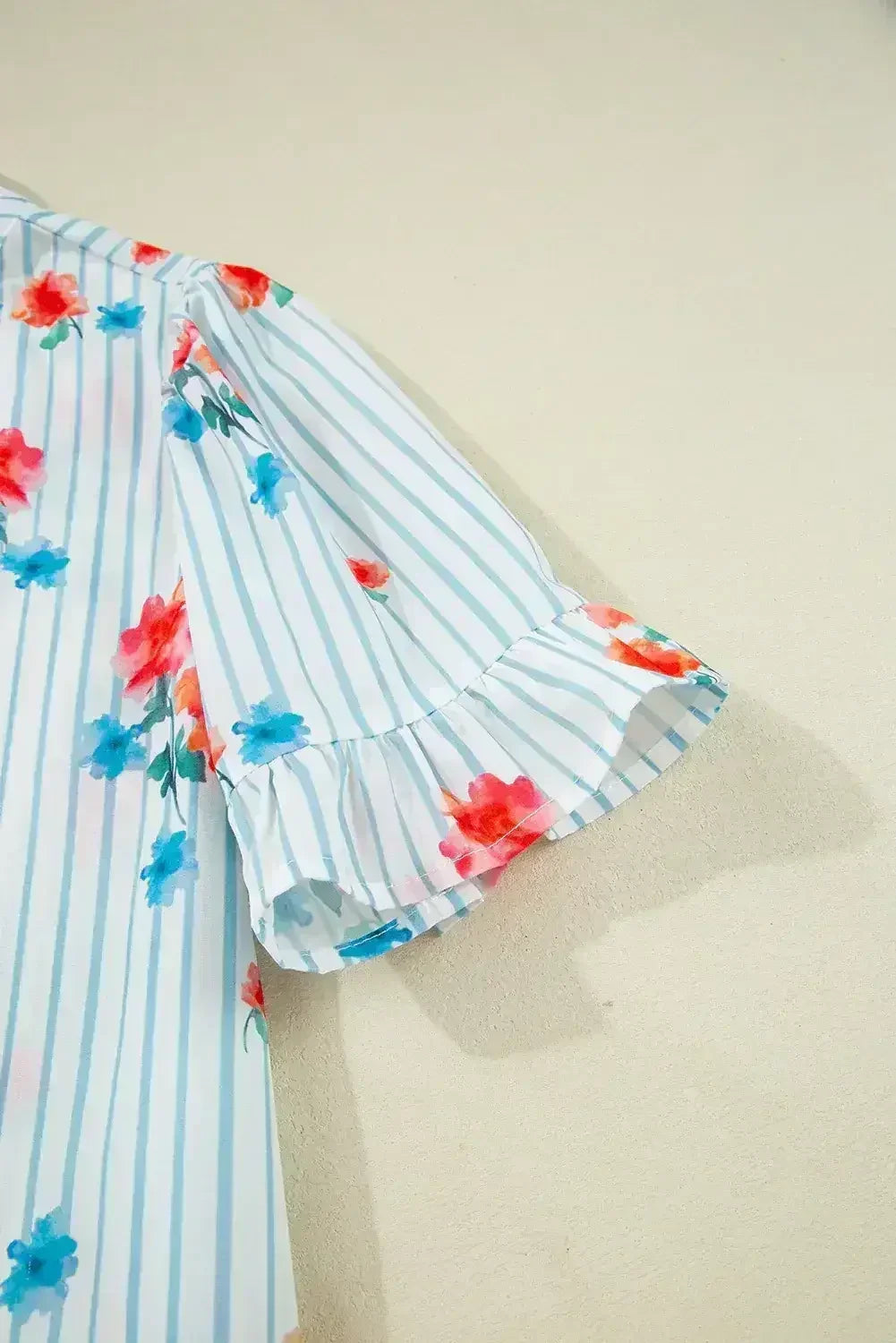 Sky Blue Striped Floral Print Ruffle Belted Mini Dress