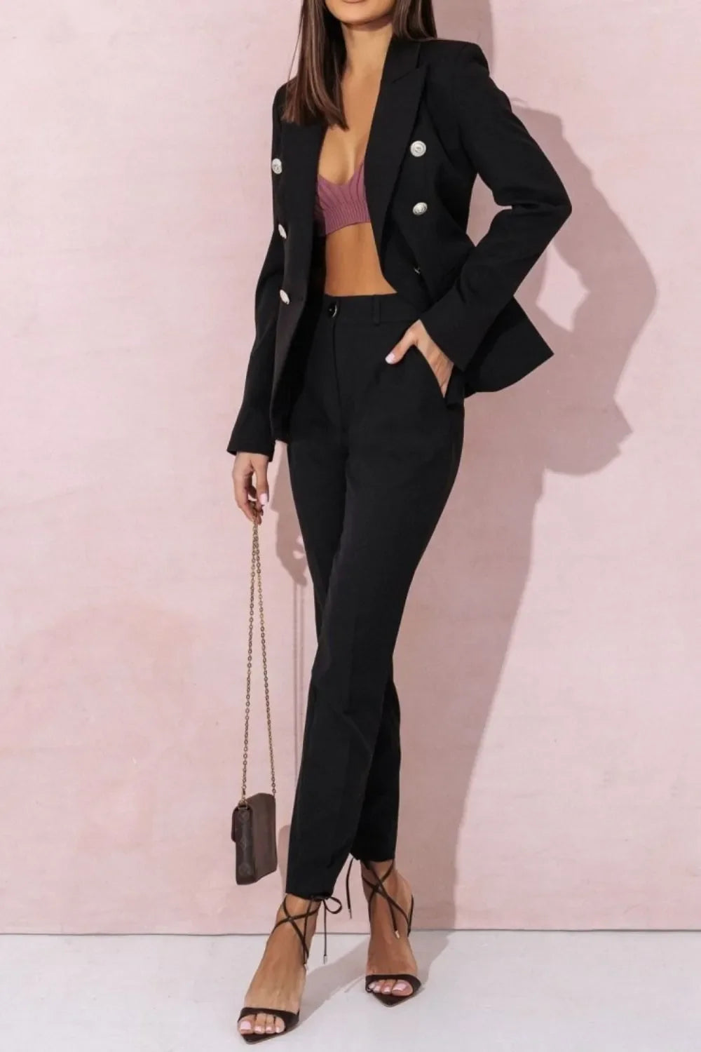 Full Size Plus Size Blazer Pantsuit with Lapel Collar and Long Sleeves